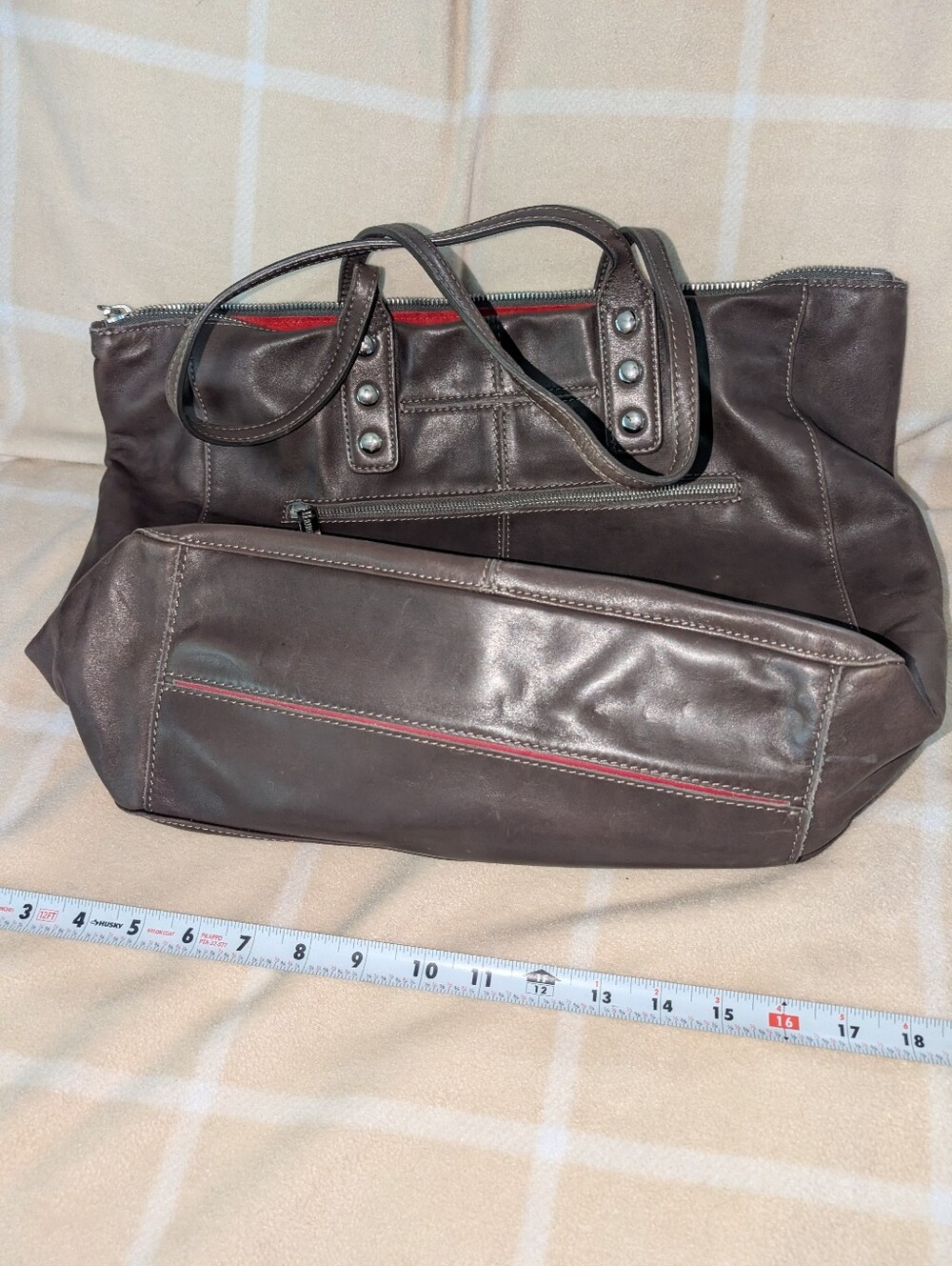 Hammitt Leather Tote Bag in Dark Brown with Red Accent